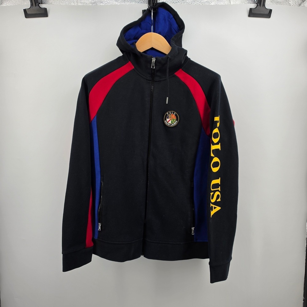 Polo Ralph Lauren Mens Full Zip Hoodie Black Colorblock Skier Polo USA Large